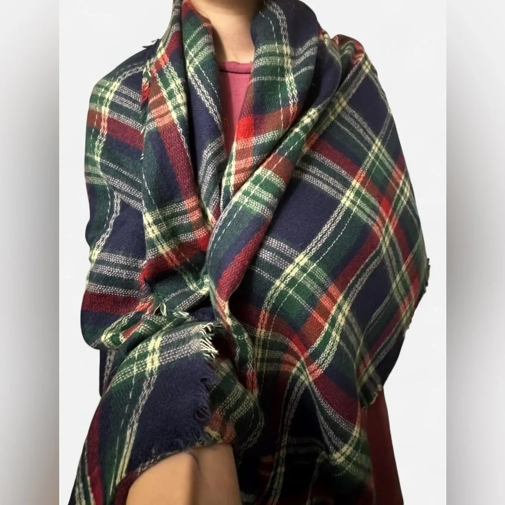 Navy blue and red plaid blanket scarf